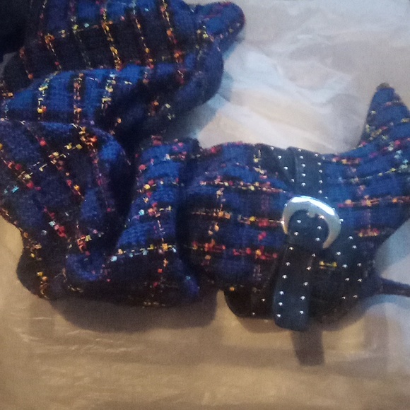 TAJA PLAID THIGH HIGH BOOT WITH BUCKLE DETAIL IN BLUE (3 in heel) - Picture 2 of 3